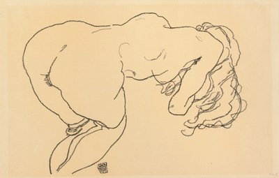 长发裸体，向前倾斜，后视图； Langhaariger Akt，vornubergebeugt，鲁肯南希（Ruckenansicht），1918年 作者 Egon Schiele