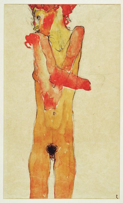 Maedchenakt mit verschraenkten Armen（裸体女孩与......（水彩和炭笔） 作者 埃贡·席勒（Egon Schiele）