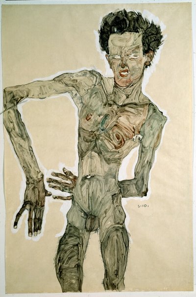 男性裸体（自画像）。绘画由Egon Schiele（1890-1918），1910年。铅笔，水彩和蛋彩画在纸上。昏暗：55,7x36,8cm。维也纳，Graphische Sammlung Albertina 作者 Egon Schiele