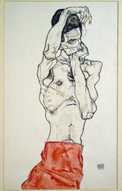 与红色板料的男性裸体 作者 Egon Schiele