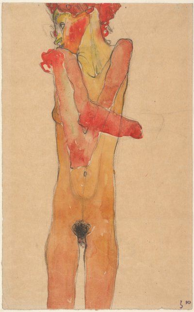 双臂交叉的裸体女孩，1910年 作者 Egon Schiele