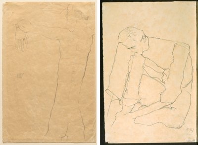 举起手臂的裸体男子（正面） 坐着的男子（背面） 作者 埃贡·席勒（Egon Schiele）