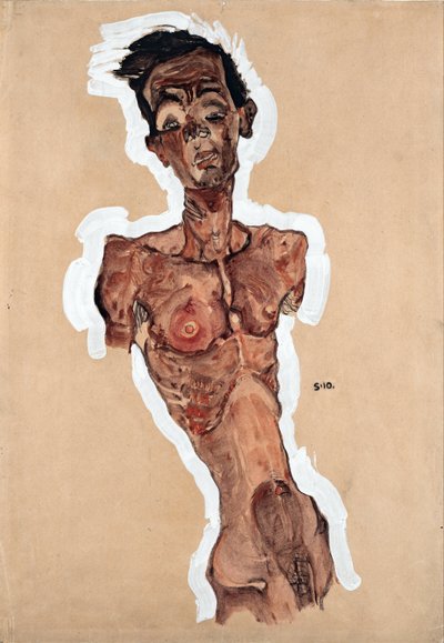 裸体自画像 - 舍勒，埃贡（1890-1918） - 1910 - 纸上黑色粉笔、水粉 - 44,9x31,3 - 维也纳利奥波德博物馆 作者 Egon Schiele