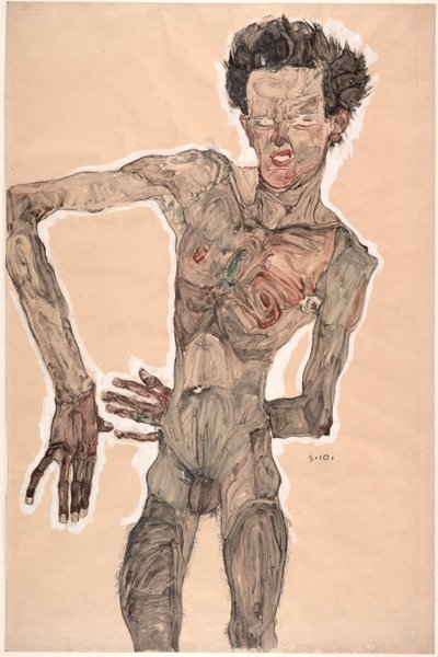 裸体自画像，鬼脸，1910年 作者 Egon Schiele