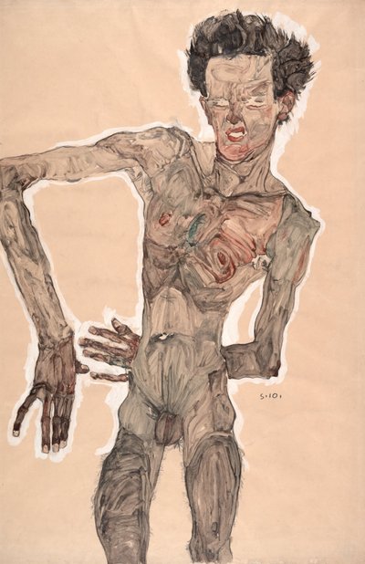裸体自画像，做鬼脸 作者 Egon Schiele