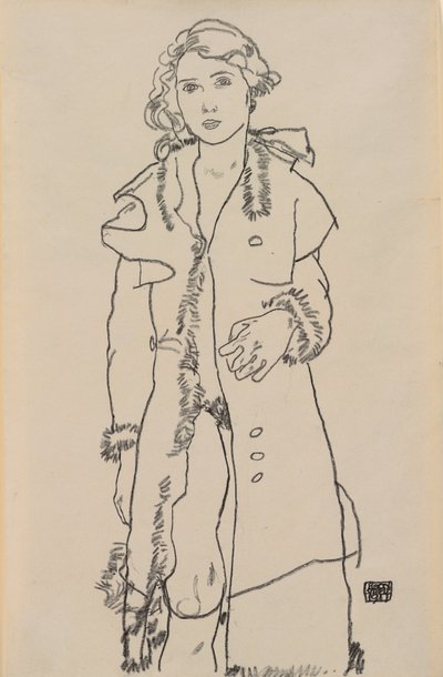 带有皮草大衣的裸色；裸女搭配皮草大衣，1917年 作者 Egon Schiele