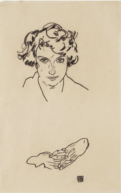 一个女孩的肖像，1917年（编织纸上的黑色蜡笔） 作者 埃贡·席勒（Egon Schiele）