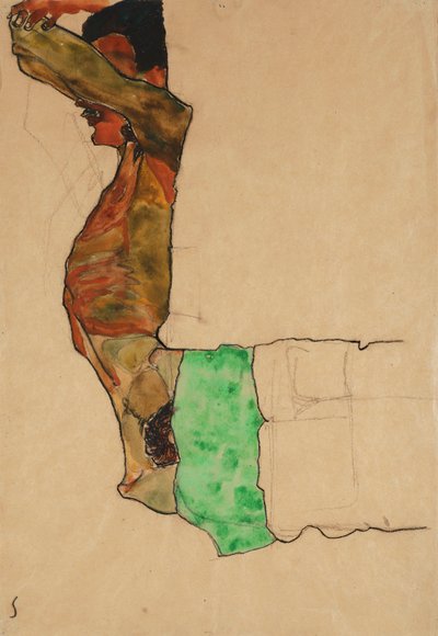 斜倚着绿色布的男性裸体 作者 埃贡·席勒（Egon Schiele）