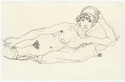 斜倚裸体说谎的行为，1914年 作者 Egon Schiele