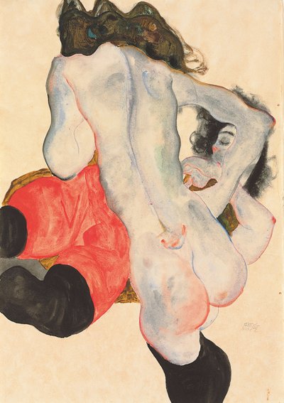 斜倚着红色长裤和站立的女性裸体的女人，1912年 作者 Egon Schiele