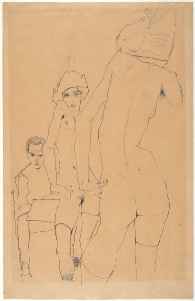希勒《镜前裸体模特》，1910年 作者 Egon Schiele