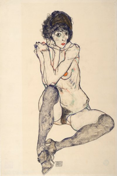 坐姿的女性裸体，右手肘休息，1914年。 作者 Egon Schiele