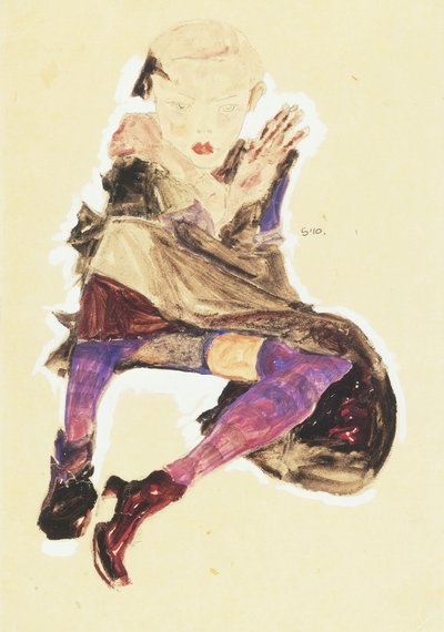 坐着的女孩，带条纹丝袜；坐着条纹长袜的女孩，1910年 作者 埃贡·席勒（Egon Schiele）