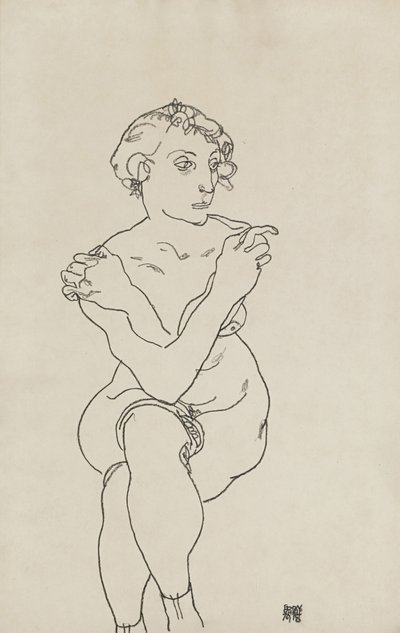 坐姿的女性裸体，手臂和腿交叉，1918年 作者 Egon Schiele