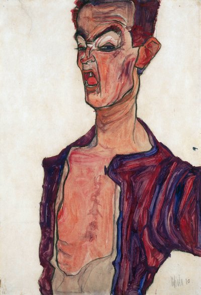 自画像，龇牙咧嘴 - 席勒, 埃贡 (1890-1918) - 1910 - 纸上水粉画 - 45,3x30,7 - 维也纳利奥波德博物馆 作者 Egon Schiele