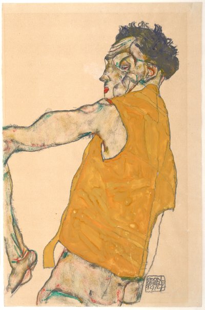 黄背心的自画像，1914年 作者 Egon Schiele