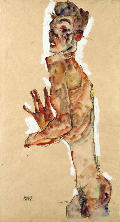 张开手指的自画像 - 席勒, 埃贡 (1890-1918) - 1911 - 纸上黑色粉笔、水粉 - 52,5x28 - 维也纳利奥波德博物馆 作者 Egon Schiele