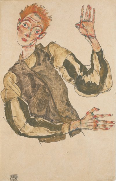 条纹臂章自画像，1915年 作者 Egon Schiele