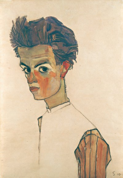 带有条纹衬衫的自画像，1910年（石墨和纸上的卫生纸） 作者 Egon Schiele