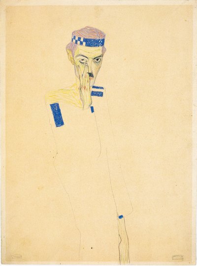 戴蓝色格子头巾的自画像，1909年。 作者 埃贡·席勒（Egon Schiele）