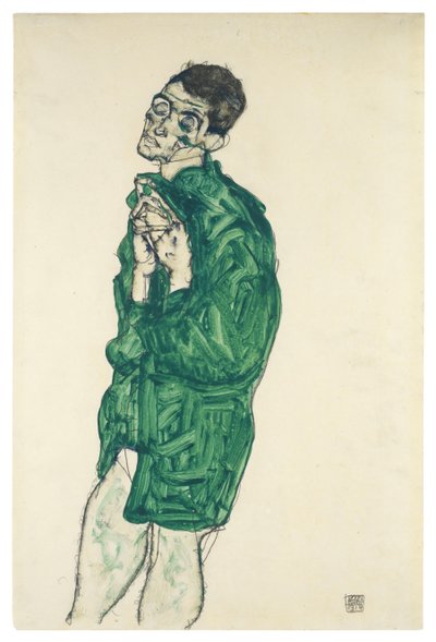 闭着眼睛的绿色衬衫的自画像，1914年 作者 埃贡·席勒（Egon Schiele）