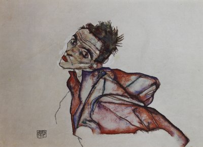 倒持手臂的自画像，1915年。 作者 Egon Schiele