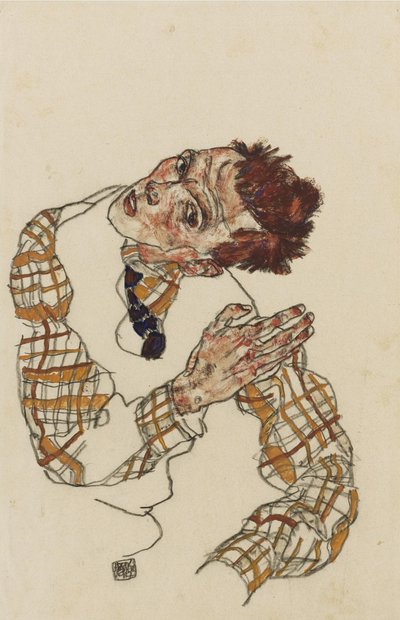 自画像与方格衬衫，1917年 作者 Egon Schiele