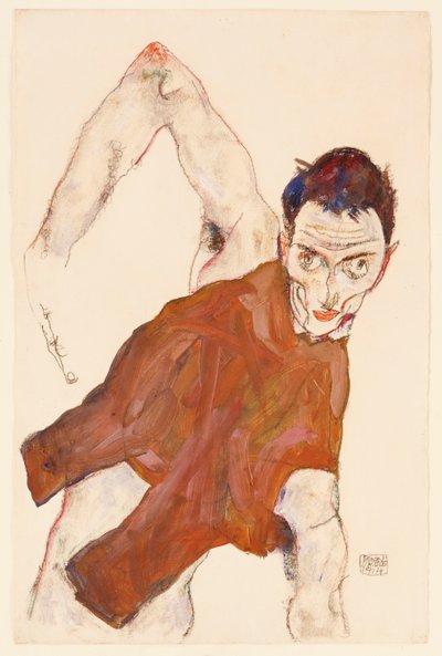 1914年，在抬起右肘的紧身上衣的自画像 作者 Egon Schiele
