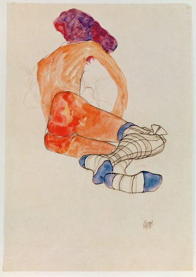 带蓝色吊袜带的女性裸体坐像，选自...（水粉画、水彩画和木炭画） 作者 埃贡·席勒（Egon Schiele）