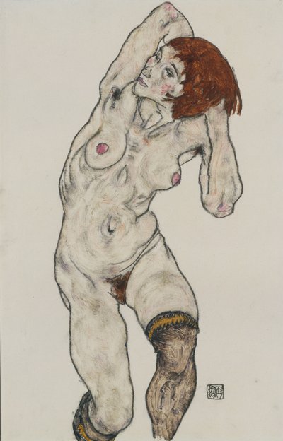 1917年在黑色丝袜中裸体裸体（wc和纸上的木炭） 作者 Egon Schiele