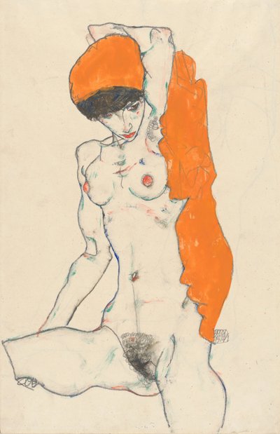 裸露的裸体与橙色帷幔，1914年（wc，水粉和石墨在纸上） 作者 埃贡·席勒（Egon Schiele）