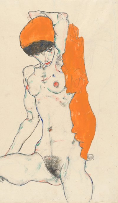 站立着的橘色帷幕裸体：1914年《举起手臂的裸体研究》。 作者 Egon Schiele