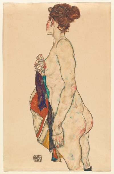 1917年，身着图案长袍的裸体裸体 作者 Egon Schiele