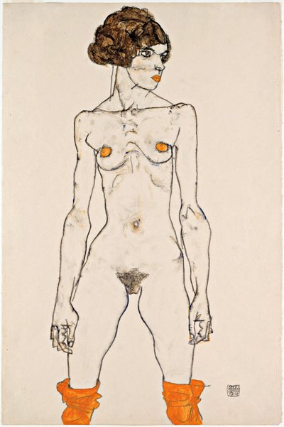 站立的年轻女性裸体与橙色丝袜 作者 Egon Schiele