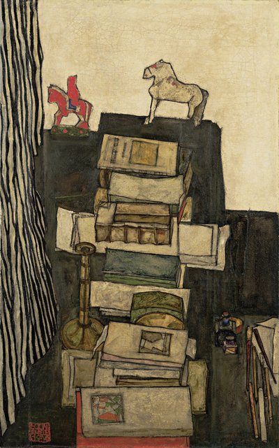 静物与书Schieles Desk，1914年 作者 埃贡·席勒（Egon Schiele）