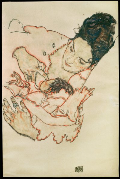 Stillende Mutter - 哺乳期的母亲......（水彩和黑色蜡笔） 作者 埃贡·席勒（Egon Schiele）