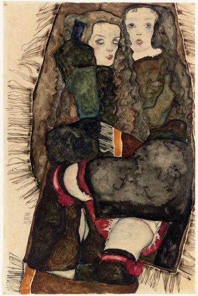 两个女孩在流苏的毯子上；条纹毯子上的两个女孩，1911年 作者 埃贡·席勒（Egon Schiele）