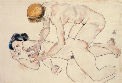 两个女性裸体，斜倚和跪下 作者 Egon Schiele