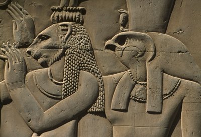 浮雕，Bastet和Horus石头的细节 作者 Egyptian