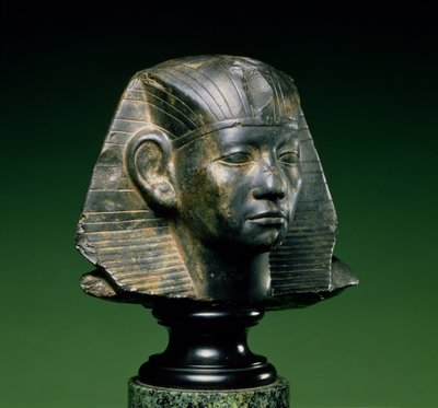 Amenemhat III国王的头，来自中国的阿斯旺，公元前1842年至1779年（黑暗的化石石灰岩） 作者 Egyptian 12th Dynasty
