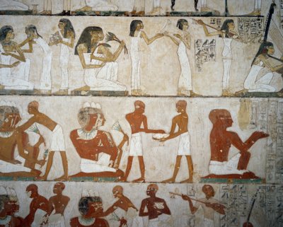 雷克米尔墓，卢克索，Sheikh Abd el Qurnah Necropolis，底比斯（联合国教科文组织世界遗产名录），女乐师的葬礼盛宴，用珠宝装饰自己的女士，男士和乐师。 作者 埃及第十八王朝