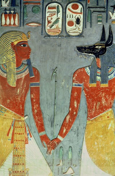 Horemheb和Anubis，来自Horemheb之墓（公元前13233年至1595年）新王国（壁画） 作者 埃及第十八王朝