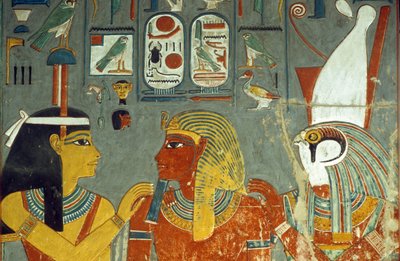 荷鲁斯，Horemheb和Hathor，来自Horemheb之墓（公元前1323-1295）新王国（壁画） 作者 埃及第十八王朝