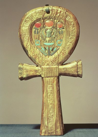 从图坦卡蒙墓（公元前1370-52）新王国（用玻璃浆镶嵌的镀金木）制成的十字形镜子 作者 埃及第十八王朝