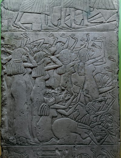 石灰岩彩绘浮雕，描绘了对法老的哀悼，出自霍伦希布国王的陵墓 作者 埃及第十八王朝
