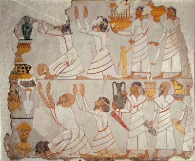 描绘亚洲进贡者的彩绘墓墙的一部分，公元前 1400 年（石上彩绘石膏） 作者 埃及第十八王朝