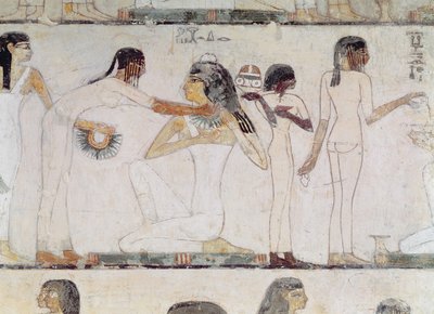 Noblewomen的厕所，来自Rekhmire墓，Tuthmosis III和Amenhotep II，新王国（壁画） 作者 Egyptian 18th Dynasty