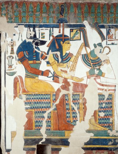 Anubis、Osiris 和 Nefertari，来自 Nefertari 墓的第二个房间，细节（壁画） 作者 埃及第19王朝