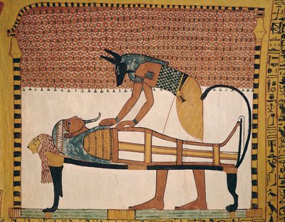 阿努比斯从新王国工人村的Sennedjem墓（壁画）出席Sennedjems Mummy（另见67892） 作者 埃及第19王朝