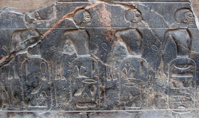 埃及古物：装饰法老拉美西斯二世（公元前1292-1186年）所征服的领土的徽章的浮雕细节。卢克索神庙。东岸（底比斯），埃及 作者 埃及第19王朝